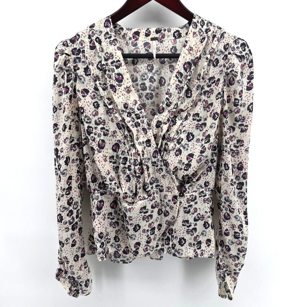 Free People Blouse Womens Small Cream Leopard Wrap Top Office